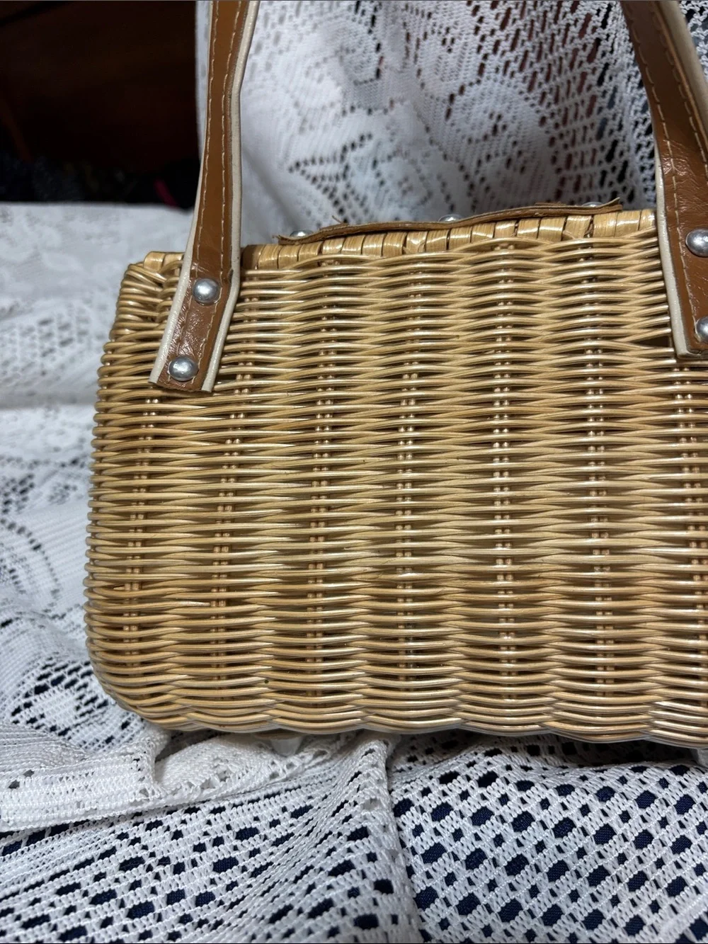 Woven Rattan Handbag with Cream & Tan Accents